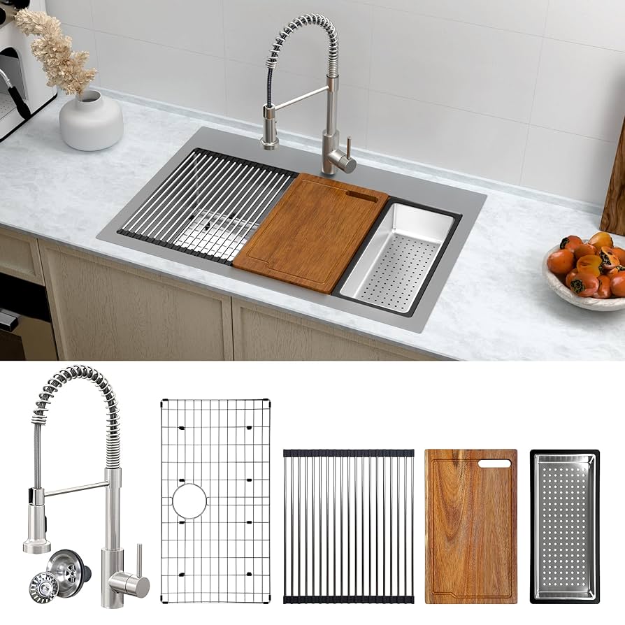 33 x 22 Drop-In/Undermount Kitchen Sink, TECASA Single Bowl